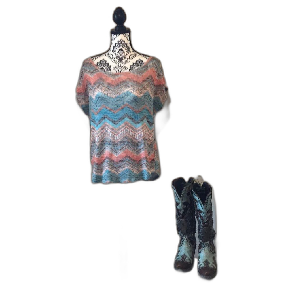 Absolutely Famous" brand women's top featuring a multicolor chevron pattern